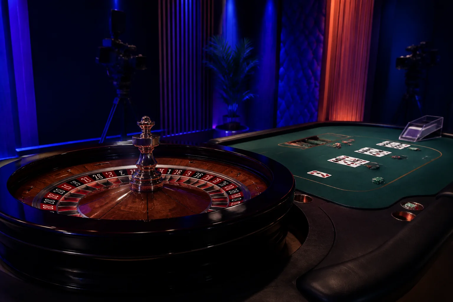 Meja live casino generik dengan kartu, roda roulette, dan pencahayaan studio
