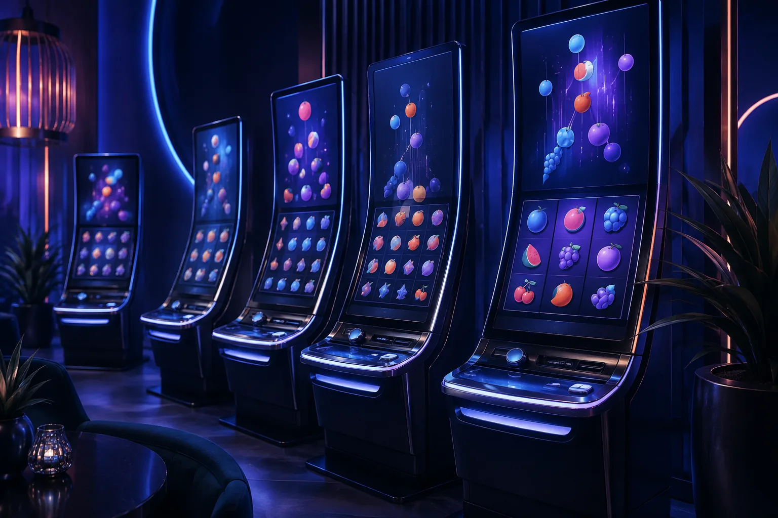 Deretan permainan slot digital generik dalam suasana editorial malam